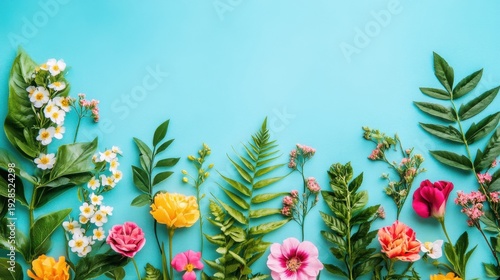Vibrant Spring Flowers Border on Bright Cyan Background