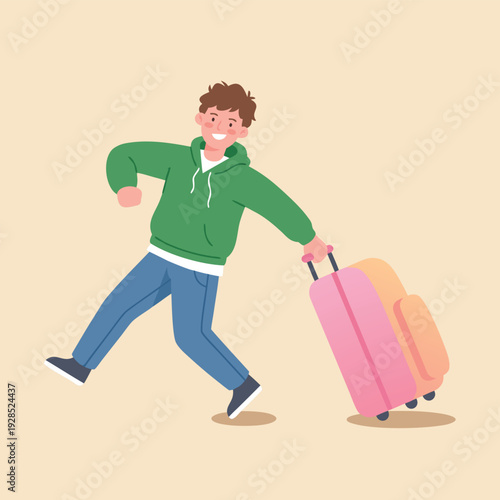 Young man happily running with pink suitcase for vacation.