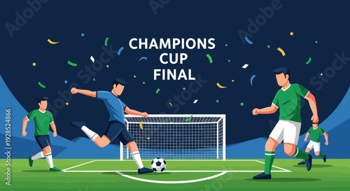 Champions Cup Final: Soccer Action, Players Compete, Kicking the Ball towards Goal