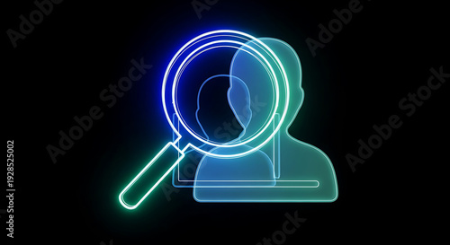 Neon magnifying glass over a blurred person's face on a dark background.