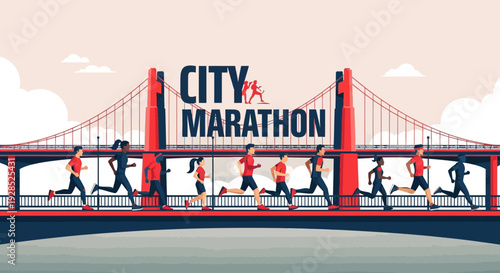 City Marathon Runners Crossing The Bridge, Competition, Endurance, And Healthy Lifestyle