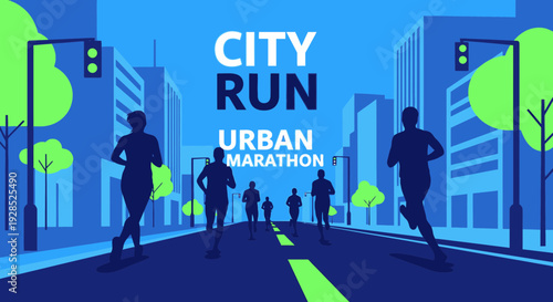 City Marathon Runners Silhouetted During Urban Road Race Event Against Blue Backdrop