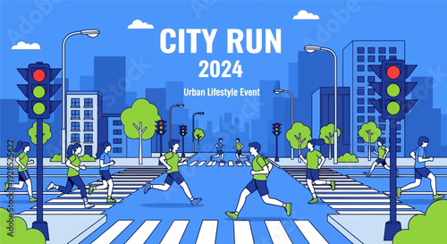 City Run 2024 Event: Energetic Urban Lifestyle Illustration for Fitness and Health