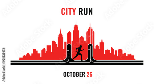 City Run Silhouette Featuring Runner and Red Skyline October Event Branding Design