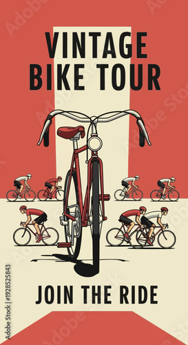 Classic Bicycle Ride Advertisement Featuring Vintage Road Bike and Touring Cyclists on Tour