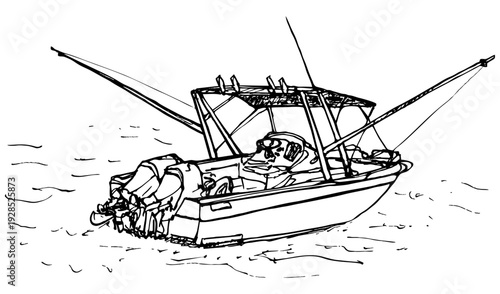 Twin-engine fishing boat with fishing rods. Waves are a separate object. Line ink drawing.