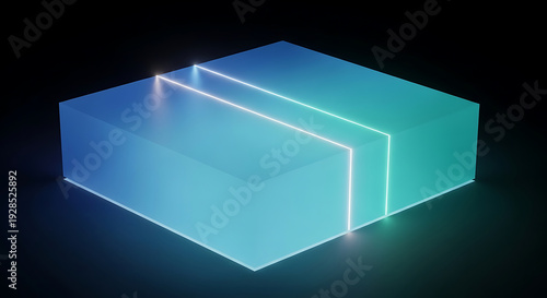 Glowing blue neon light box with white lines on a dark background.