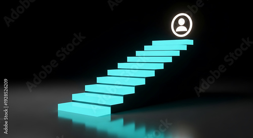 Person ascending a glowing staircase in a dark, abstract setting.