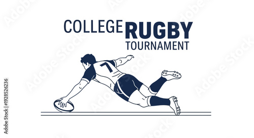 College Rugby Tournament Depiction Of Athlete Diving To Score In Outline Illustration