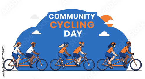 Community Cycling Day: A Cheerful Illustration of People Enjoying a Tandem Bike Ride