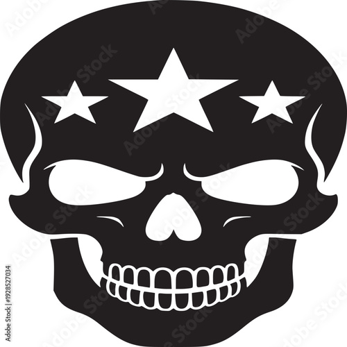 Bold black skull graphic with white stars on forehead, edgy modern design