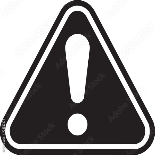 Bold black and white warning symbol, an exclamation mark within a triangular hazard sign