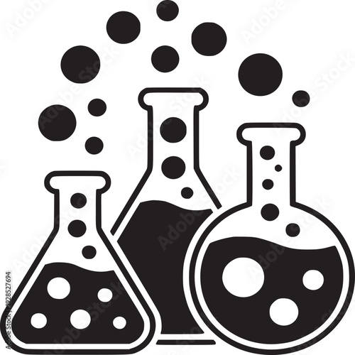 Dynamic chemical experiment flasks bubbling with scientific discovery and innovation