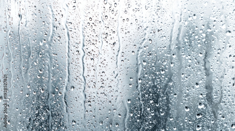 Obraz premium Raindrops flow down a clear wet surface of window glass against a pure white background, showing detailed water patterns
