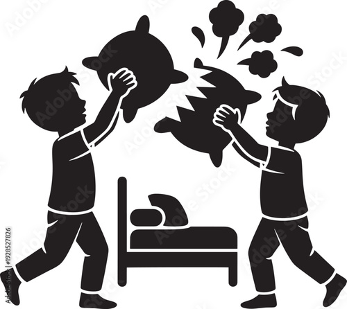 Two young boys having pillow fight in bedroom near bed silhouette active play illustration