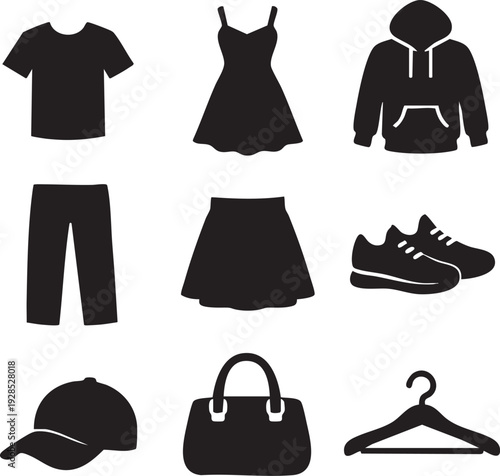 Fashion clothes vector illustration set with shirts pants skirts jackets shoes and accessories for women