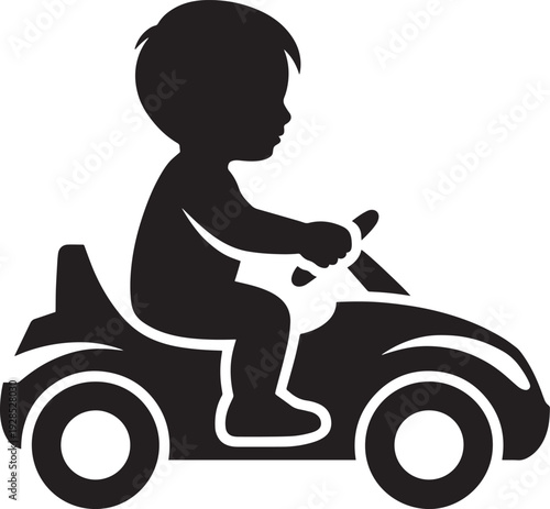 Silhouette of child driving toy car with wheels and steering wheel on white background