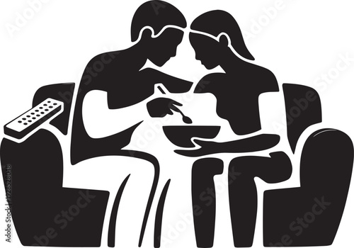 Silhouette couple sitting sofa watching television eating popcorn vector graphic illustration