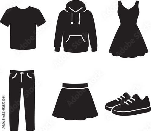 Vector illustration of a fashion clothing set for men and women with shirts dresses jackets and pants