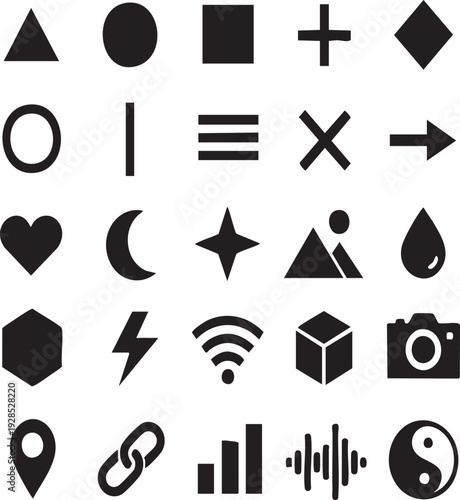 Black and white vector icon set featuring arrows, play buttons, music and web symbols for business and internet design