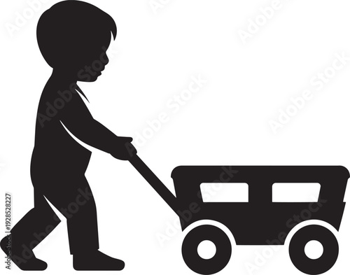 Toddler pushing toy wagon cart silhouette vector illustration for child development design