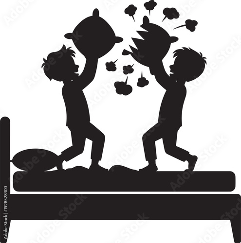Two boys having pillow fight jumping on bed silhouette vector illustration fun childhood