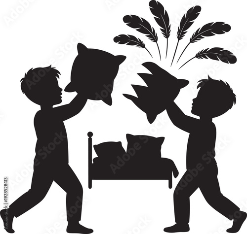 Two boys having a pillow fight on bed with feathers flying, playful activity