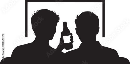 Two men silhouette, sharing bottle, watching screen, relaxed, casual friendship, evening gathering
