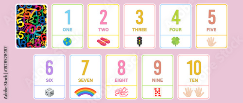 Numbers 1 to 10 Flashcards for Kids Learning Counting with Colorful Educational Vector Cards. Illustrations and childhood education for print, preschool, homeschool, kindergarten, nursery, classroom.