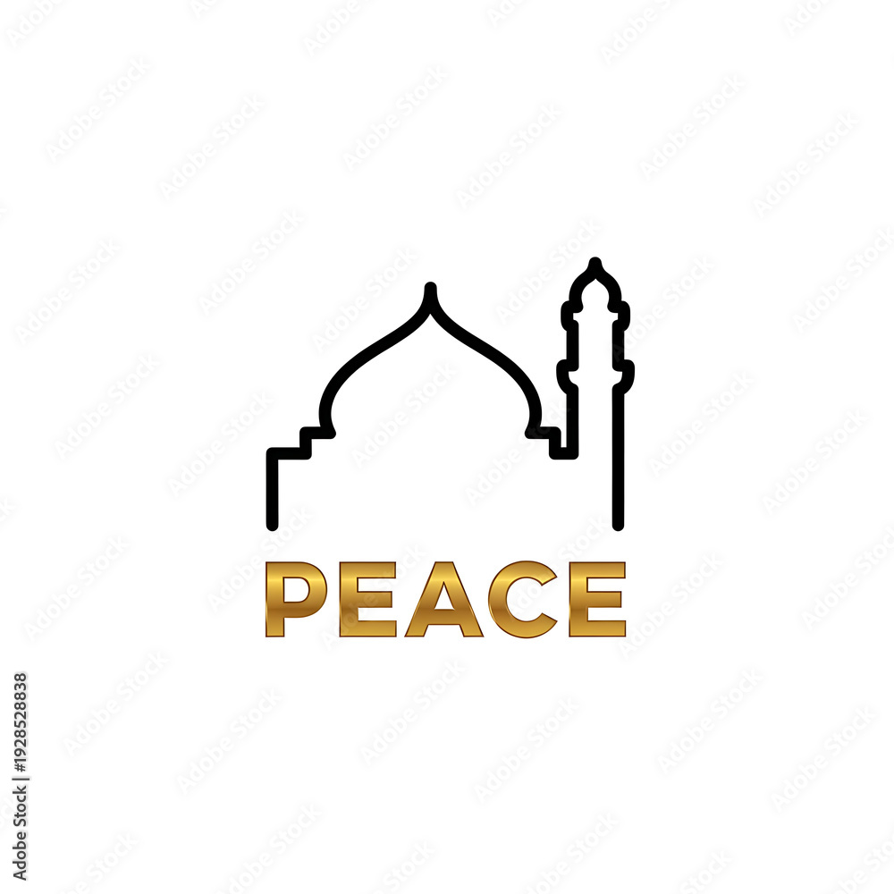 Obraz premium Simple line drawing of a mosque with the word peace written below it