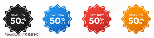 Save now 50 percent off discount starburst sticker set in black, blue, red, and orange