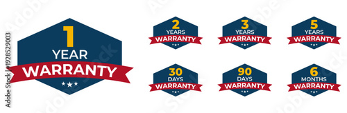 Set of warranty badges with shield and ribbon designs for years, months, and days