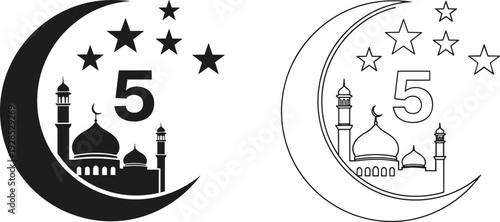 Islamic decorative design featuring crescent moon stars mosque and number five in black solid and outline vector styles.