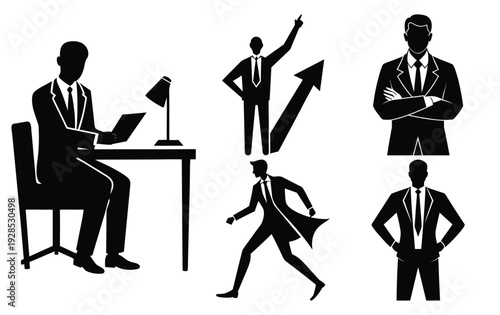 Corporate Business Silhouettes: Professionals at Work and in Dynamic Poses, Vector Illustration