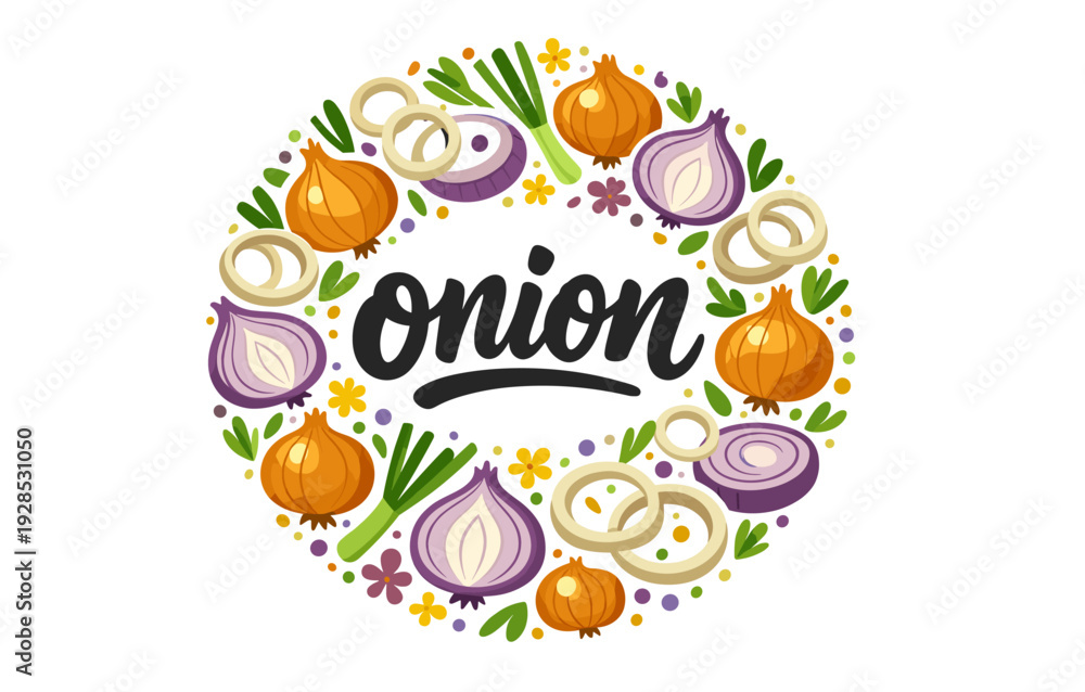 Fototapeta premium Colorful onion variety design with sliced, whole, and purple onions