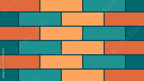 Abstract teal and orange brick wall pattern. Retro 70s flat design subway tile background. Modern pop art geometric brickwork wallpaper. Vintage aesthetic masonry texture.