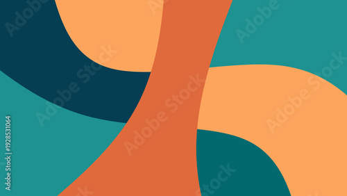 Abstract teal and orange intersecting fluid waves. Minimalist retro 70s groovy aesthetic wallpaper. Dynamic crossed curve shapes in blue and peach colors. Minimalist wavy background.