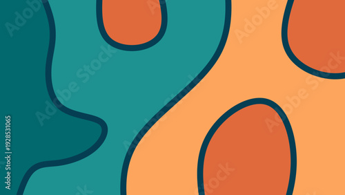Abstract retro groovy background with thick outline. Teal and orange pop art wavy blob vector illustration. Modern comic style fluid shapes wallpaper. Minimalist wavy background.