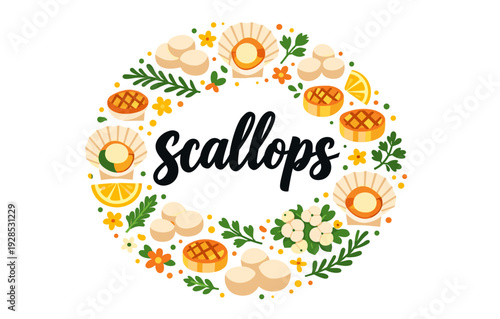 Scallops design with shells, flowers, lemons, and herbs in a circle