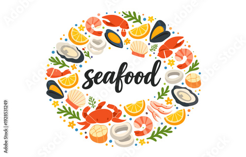 Colorful seafood arrangement featuring crab, shrimp, and mussels with lemon slices