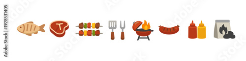 Grill icons: fish, steak, skewers, utensils, bbq grill, condiments