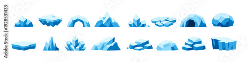 Collection of various blue iceberg and glacier illustrations on white background