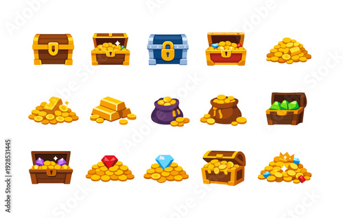 Collection of colorful treasure chests with gold coins and gems