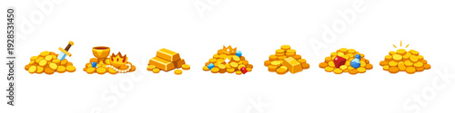 Collection of gold coins, bars, jewels, and crown icons on white background