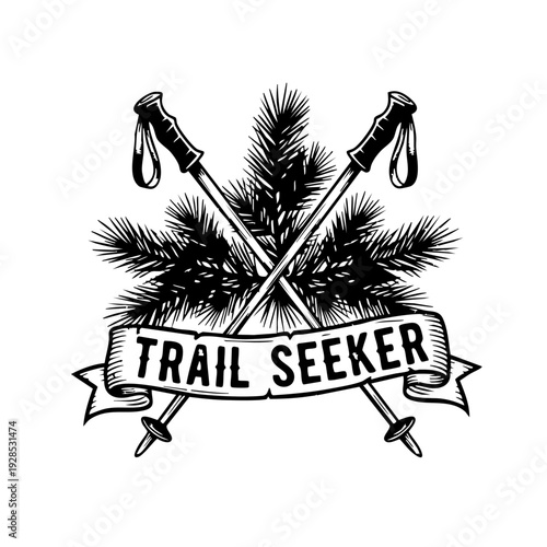 Trail Seeker Hiking Adventure Logo Design with Trekking Poles and Pine Tree.
