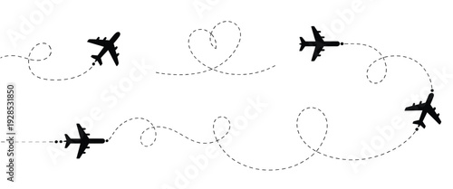 Airplanes and Dotted Flight Path Icons travel journey