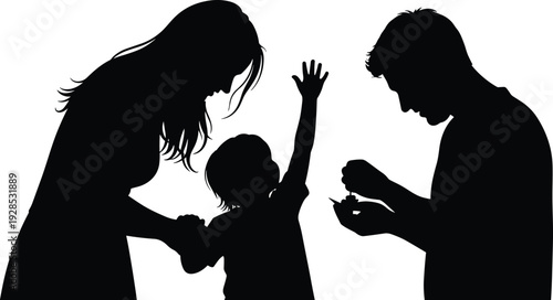 Beautiful black silhouette illustration of loving parents helping their cute little baby take its first steps walking together on white.