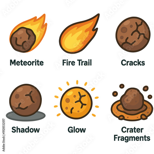 Cartoon meteorite effects: fire trail, cracks, shadow, glow, crater fragments