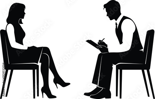 Black and white silhouette illustration of a professional business interview or psychological therapy session with a man taking notes on a clipboard.