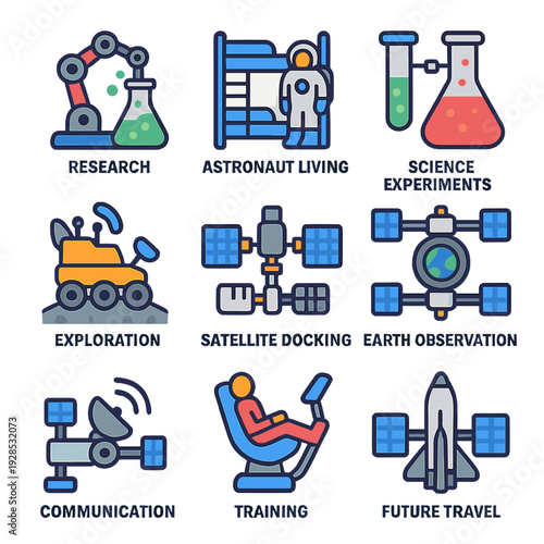 Futuristic space technology icons highlighting research and exploration